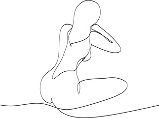 Vector illustration of a female body. The woman sits with her back turned.  Continuous drawing of lines.