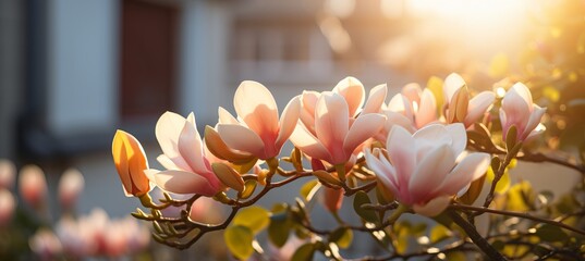 Vibrant magnolia blossoms on a beautiful sunny spring day, awakening natures splendor