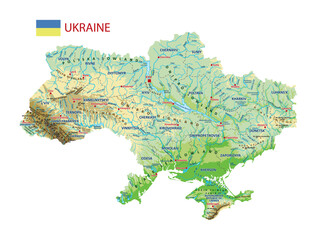 Topographic map of Ukraine. Geographic map of Ukraine with borders of the regions. High detailed Ukraine physical map with labeling. Atlas of Ukraine with rivers, lakes, seas, mountains and plains.Vec - obrazy, fototapety, plakaty