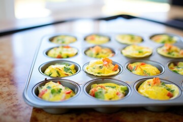 mini omelettes in muffin tin, out of the oven - obrazy, fototapety, plakaty
