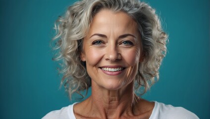 Close up of a 50s middle age woman smiling and wearing a white t-shirt on a turquoise background
