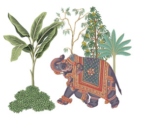 Decorative mughal elephant in a garden illustration