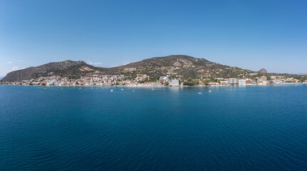 Tolo in Asini, Argorida, Peloponnese, Greece. Aerial drone panoramic view of village, sea. Space