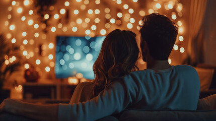 Couple watching a movie together at home. Generative AI