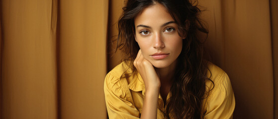 Portrait of a beautiful young brunette woman in a yellow shirt .