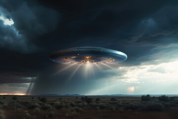 Fototapeta na wymiar Partially cloaked flying saucer, its outline visible against a thunderous sky