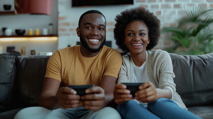 Happy couple playing video games. Generative AI