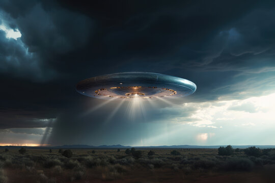 Partially cloaked flying saucer, its outline visible against a thunderous sky