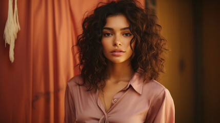 Fototapeta premium Beautiful young woman with curly hair in a pink shirt in the room