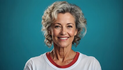 Close up of a 50s middle age woman smiling and wearing a white t-shirt on a turquoise background