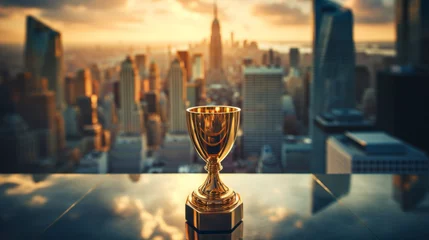 Tuinposter Champion golden trophy city background. Success and achievement concept. Best entrepreneur, startup © zamuruev
