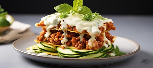 Delicious zucchini lasagna on white ceramic plate, grey background, artful presentation