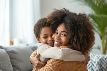 In a bright and cozy living room, an afro mother expresses love, hugging her joyful child, creating a heartwarming moment of connection and happiness. - obrazy, fototapety, plakaty