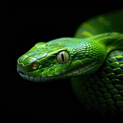 Obraz premium In this mesmerizing close-up, encounter a vibrant green snake showcasing its intricate scales, offering a captivating glimpse into the wild beauty of nature in 2025