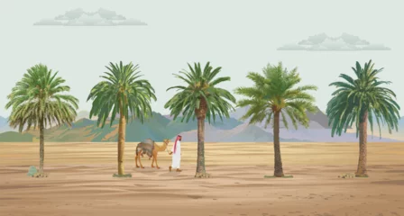 Fotobehang Emirati man with camel walking in the middle of dessert oasis palm tree illustration © MdSayeed