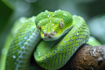 Fototapeta premium In this mesmerizing close-up, encounter a vibrant green snake showcasing its intricate scales, offering a captivating glimpse into the wild beauty of nature in 2025