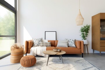 .Boho-chic living room exudes warmth with a peach fuzz color palette, blending trendy decor and stylish furniture for a comfortable, eclectic, and inviting home atmosphere