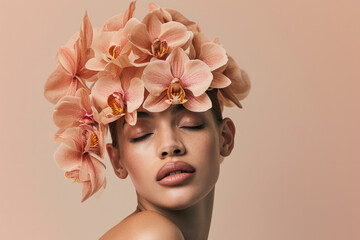 Radiant and confident, the young woman showcases her flawless skin, accentuated by a gracefully placed orchid crown, embodying the essence of beauty, self-care, and a modern aesthetic