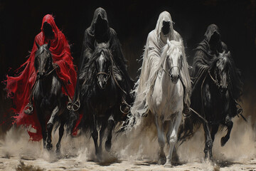 
"Apocalyptic Riders: The Four Horsemen of the Apocalypse - White for Conquest, Red for War, Black for Pestilence or Famine, and Pale for Death - Set Against a Dark Background with a Desolate Dese