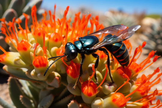  Tarantula Hawk wasp, with its striking blue-black body and orange wings, near a cactus flower