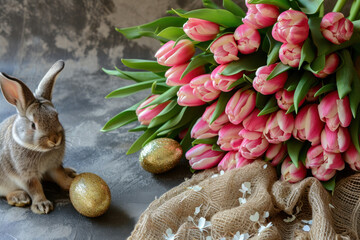 Easter home deecor: tulips, easter rabbits and eggs with gold pattern
