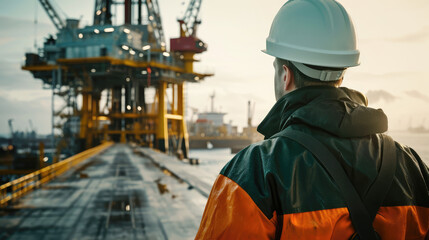 Fototapeta premium male worker against the backdrop of an oil production offshore platform, view from the back