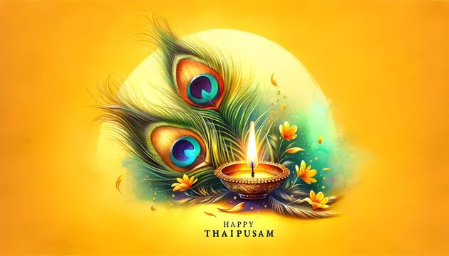 Thaipusam greeting background with diya lamp and peacock feathers.