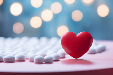 Red heart in front of white pills on blue background. Closeup photo style. Health, medicine, cardiology, love, valentines day concept. Design for healthcare, marketing and promotions. Front view