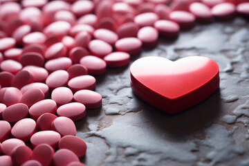 Red heart-shaped box among red and pink pills. Closeup photo style. Health, medicine, cardiology, love, valentines day concept. Design for healthcare marketing and promotions.