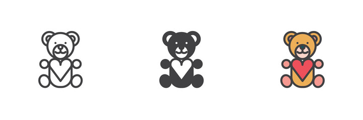 Teddy bear with heart different style icon set