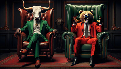 Bull versus bear in suits facing each other, trading on stock market. Bullish vs bearish trend.trade, graph, chart, business, investment, finance, stock, financial, Generative AI.