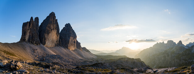 Panorama of the three peaks in the dolomites of the italian alps in sunset conditions