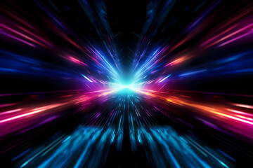 Neon lights digital tunnel abstract background. Generative ai design art.