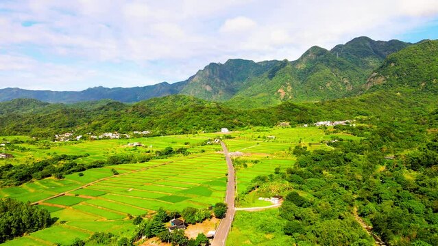 King Kong Avenue (King Kong Boulevard, Diamond Avenue, Tadao bike trails) route surrounded by mountains, terraced fields and the sea located at Taitung, eastern Taiwan
