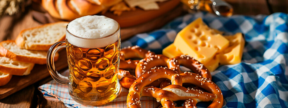 a mug of German beer and soft pretzels and cheese on a table with a checkered blue tablecloth at Oktoberfest. Selective focus.
