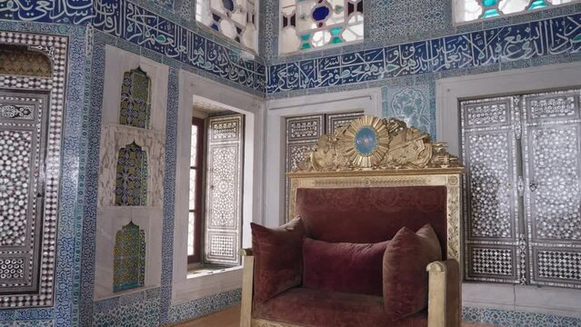 Interior and details of calligraphy, islamic pattern of the Baghdad Pavilion, in Topkapi Palace Istanbul, Turkey