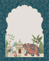Traditional Mughal garden arch, palace with elephant and peacock illustration frame for Invitation