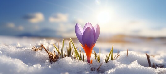 Enchanting spring awakening colorful crocus flowers blooming amidst the serene snowy landscape