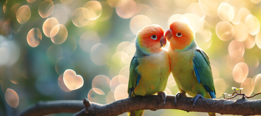 two kissing parrots on bokeh background. Valentine's Day concept  - obrazy, fototapety, plakaty