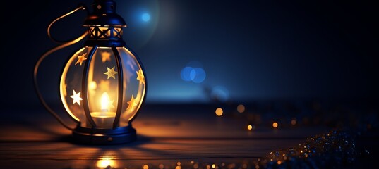 Ramadan kareem blue banner with moon and lantern islamic greeting cards for holidays