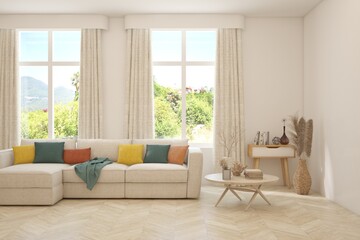 White living room with sofa and summer landscape in window. Scandinavian interior design. 3D illustration