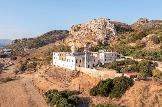 Monastery Gonia Odigitria, Chania town, Crete island, Greece. Aerial drone view of Orthodox Church.