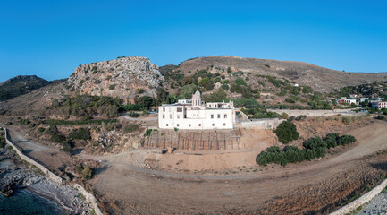 Fototapeta na wymiar Monastery Gonia Odigitria, Chania town, Crete island, Greece. Aerial drone view of Orthodox Church.