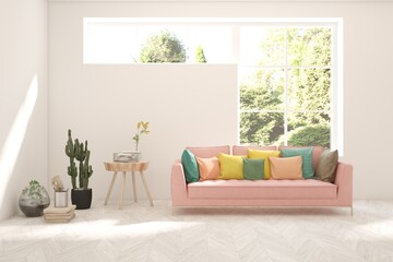 White living room with sofa. Scandinavian interior design. 3D illustration