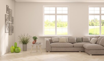 Fototapeta na wymiar Contemporary classic white interior with furniture and decor and summer landscape in window. Scandinavian interior design. 3D illustration
