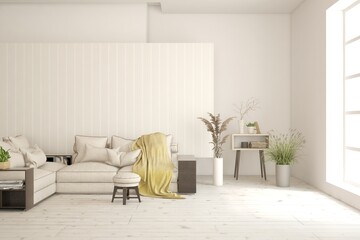 White living room with sofa. Scandinavian interior design. 3D illustration