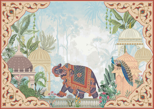 Mughal decorative garden with elephant and peacock frame illustration invitation