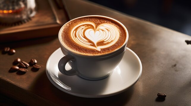A cup with a delicious cappuccino on a wooden background. Lush foam with a painted heart. Morning drink.