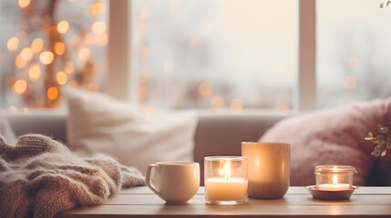 Fototapeta na wymiar Morning in bedroom with warm candle and coffee Hygge