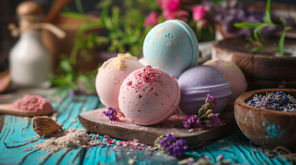 Obraz premium colorful spa bath bombs. Selective focus.